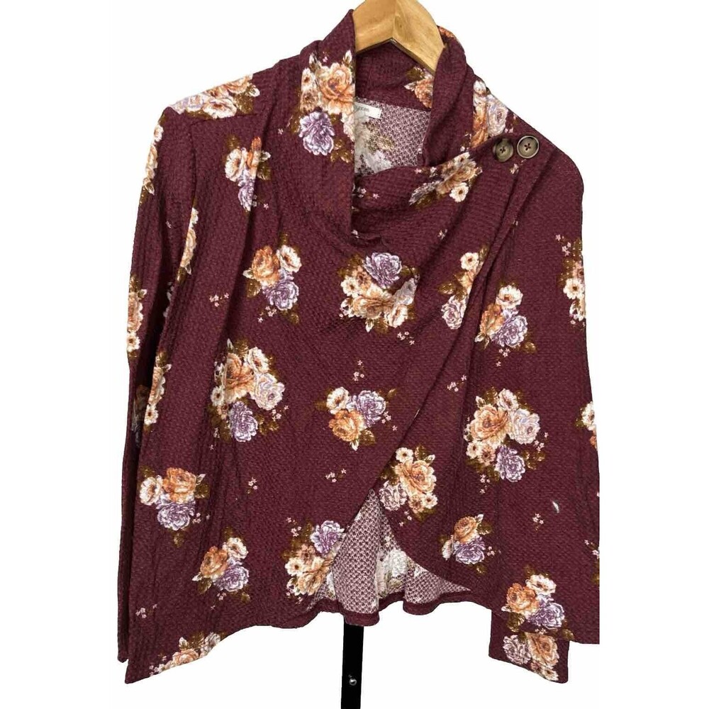 Maurices Sweater Cardigan Long Sleeve Draping Cowl Neck‎ Burgundy Floral Small